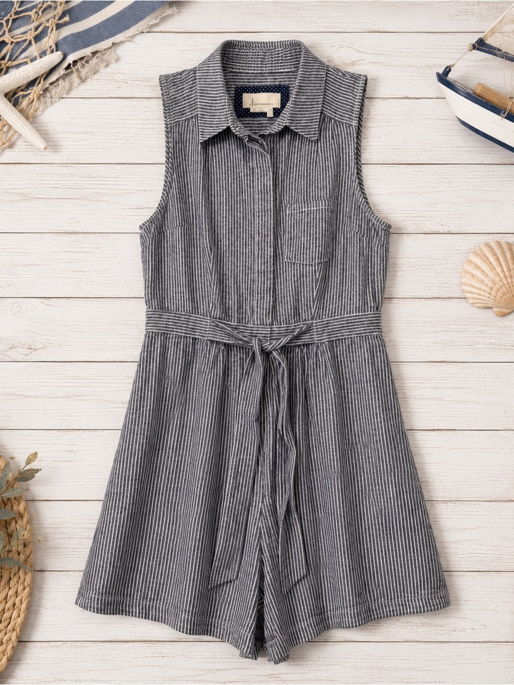 Anthropologie Striped Belted Romper Linen Blend Sleeveless Size 8 Coastal Preppy